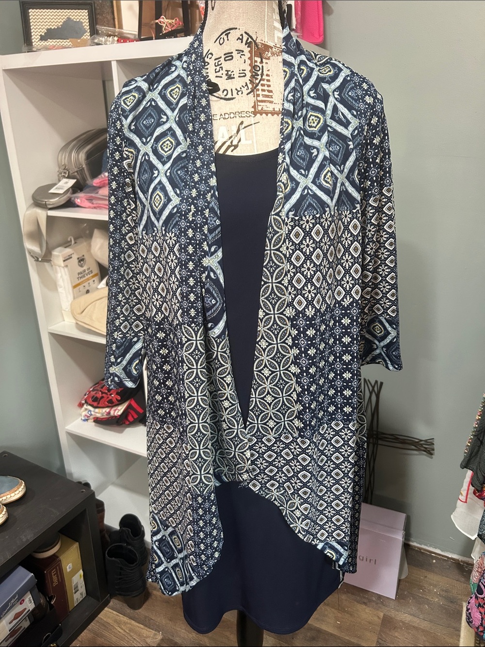 Enfocus Studio Navy and White Printed Open-Front Cape